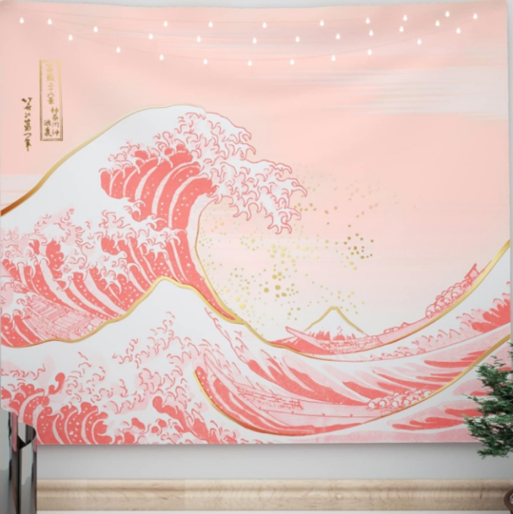 XL Pink Wall Tapestry The Great Wave Classic Antique Asian Art Girls Room Ocean